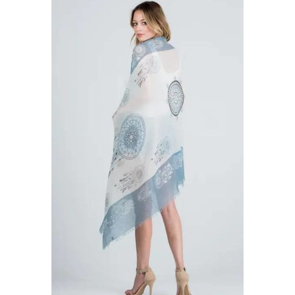 Light Blue White Dream Catcher Lightweight Frayed Scarf Wrap - Picture 3 of 7